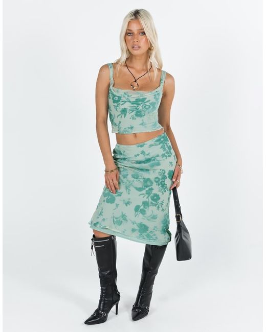 Princess Polly Green Devore Velvet Midi Skirt Co-ord