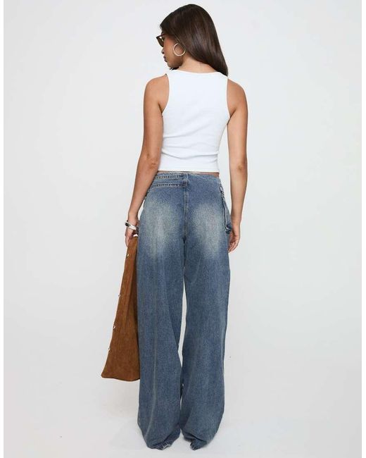 Princess Polly Blue Paltrow Mid Rise Eyelet Belt Waist Detail Wide Leg Jeans