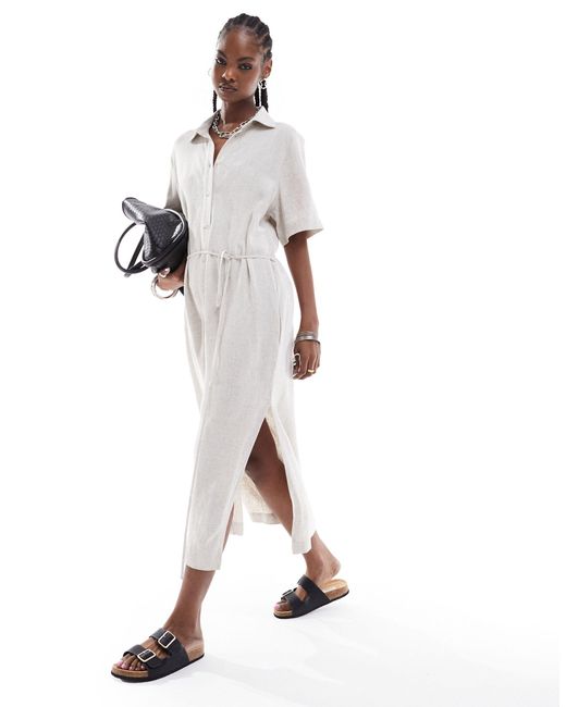 Weekday White Carla Linen Mix Midi Shirt Dress