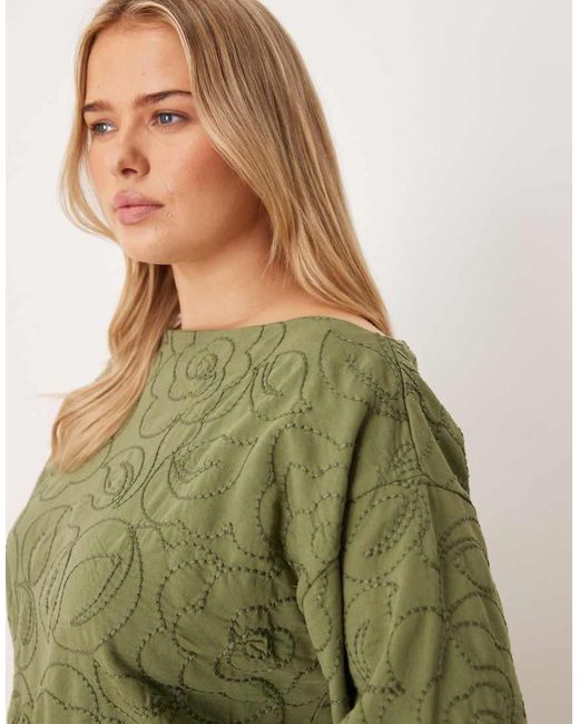 ASOS Green Asos Design Curve Off Shoulder Sweatshirt With Embroidery Detail