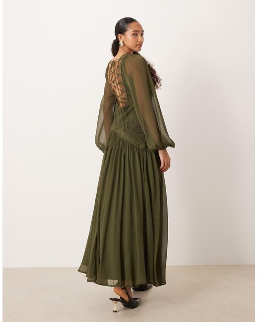 ASOS Green Long Sleeved Asymmetric Neckline Maxi Dress With Lace Trim