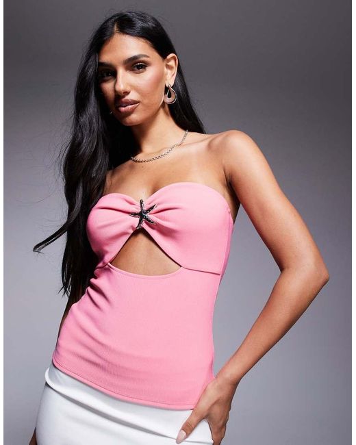 River Island Pink Starfish Trim Ribbed Bandeau Top