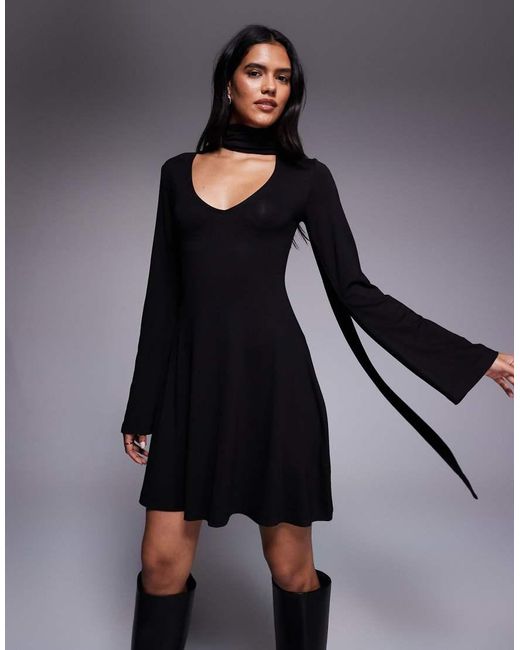 ASOS Blue Flute Sleeve Mini Dress With Scarf Detail
