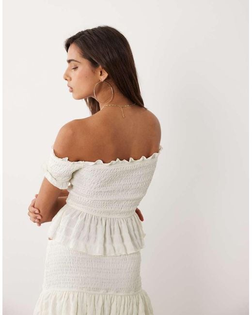 Kaiia White Exclusive Shirred Textured Peplum Bardot Top