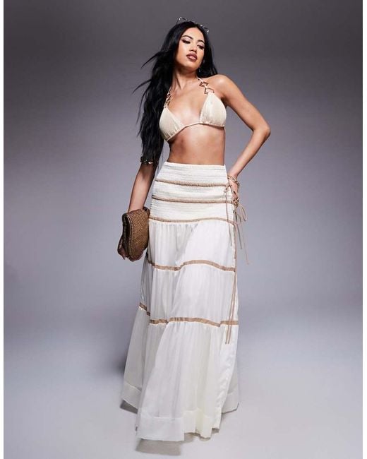 South Beach Gray Tiered Beach Maxi Skirt With Contrast Piping