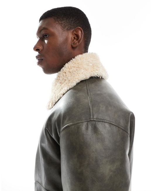ASOS Gray Faux Leather Bomber Jacket With Contrast Borg Collar for men