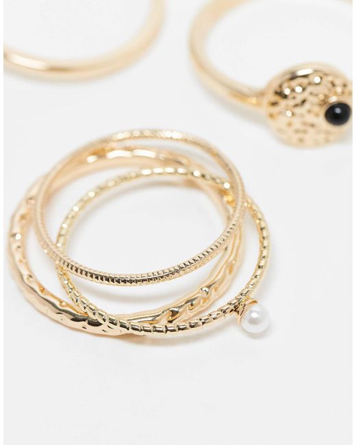 ASOS Natural Asos design curve – 5er-pack e ringe mit schwarzem stein und kunstperlen-design