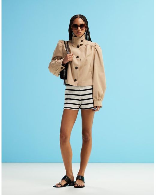 ASOS Blue Gathered Sleeve Cropped Trench Coat