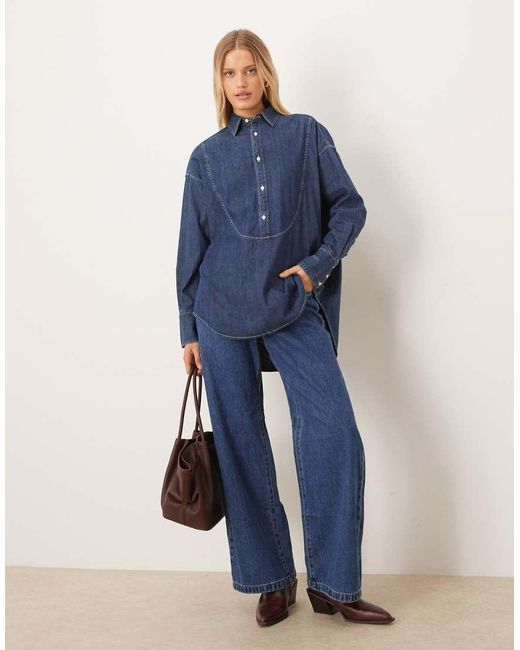 Polo Ralph Lauren Blue Icon Logo Bib Front Oversized Denim Shirt
