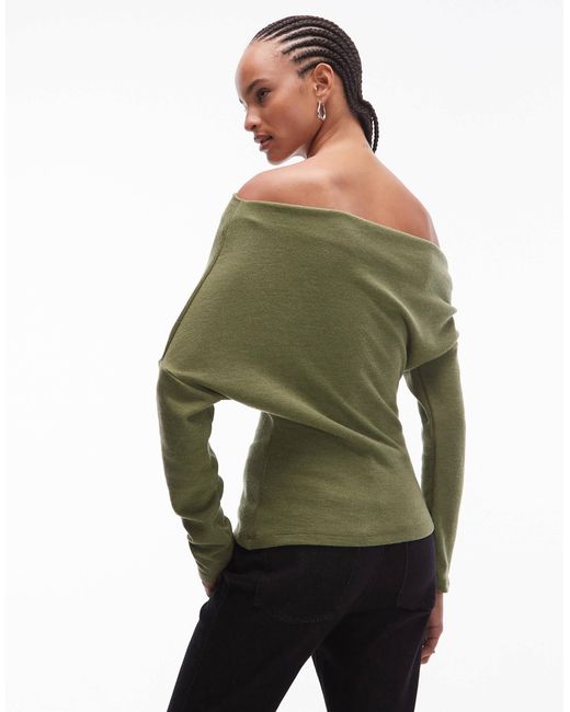 ASOS Green Supersoft Ruched Off Shoulder Long Sleeve Top