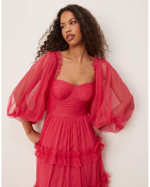 LACE & BEADS Maxi-Jurk Met Korset, Ballonmouwen En Ruches in het Red