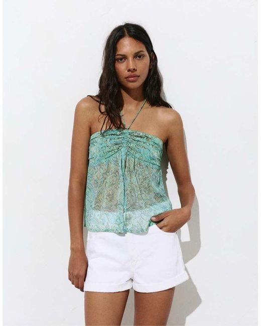 Pull&Bear Green Gathered Beaded Top