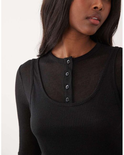 ASOS Black Sheer Ribbed Long Sleeve Double Layer Top