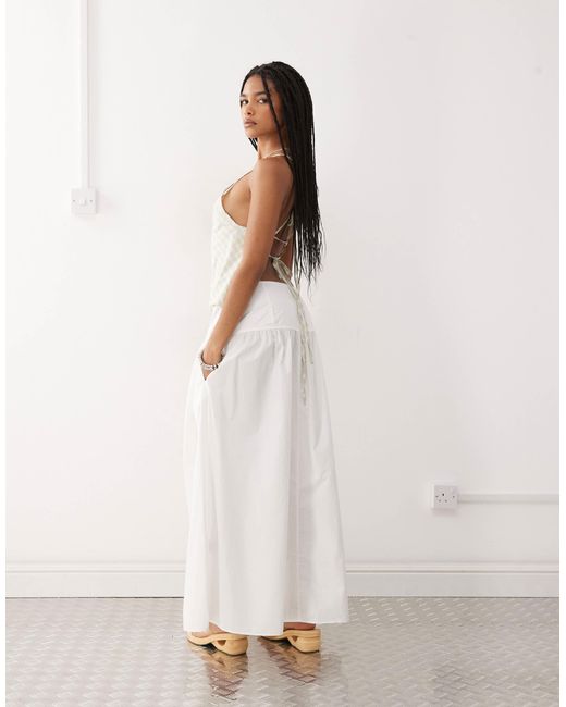 Monki Natural Floaty Poplin Maxi Skirt With Drop Waist Detail