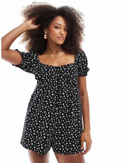 Miss Selfridge Black Shirred Puff Sleeve Playsuit