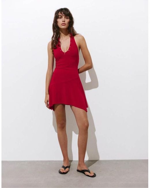 Pull&Bear Red Short Studded Halter Dress