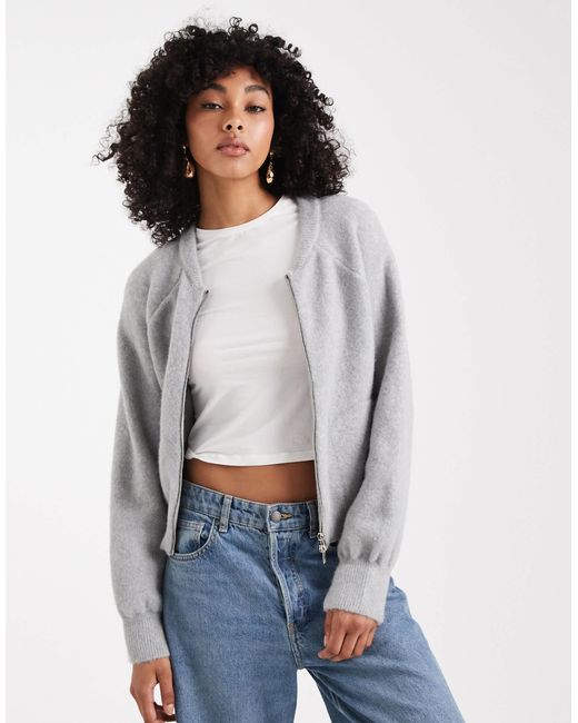 ASOS White Knitted Fluffy Bomber Jacket