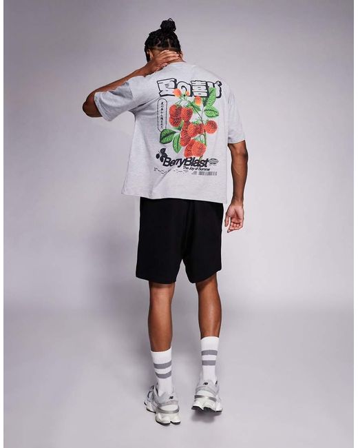 T-Shirt Squadrata Oversize Mélange Con Stampa Di Frutta Sul Davanti E Sul Retro di ASOS in Gray da Uomo