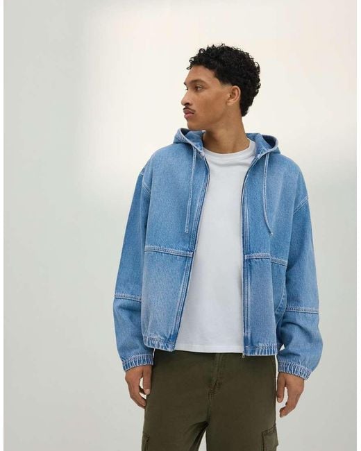 Bershka Blue Hooded Denim Jacket for men