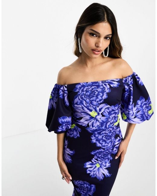 True Violet Bardot Midi Dress With Pephem in Blue Lyst