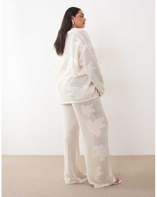 Pretty Lavish Curve Natural Open Knit Oversize Floral Trouser Co-Ord