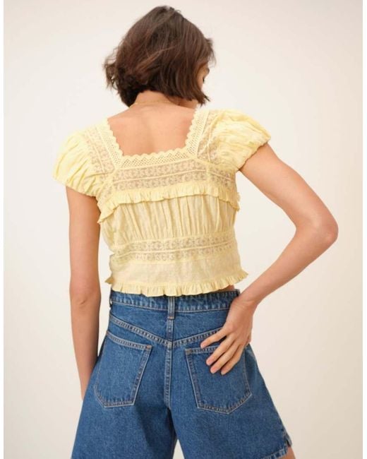 Nobody's Child Natural Lace Detail Short Sleeve Button Down Top