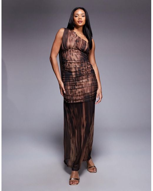 ASOS Multicolor Printed Mesh Asymmetrical Ruched Maxi Dress With Drape