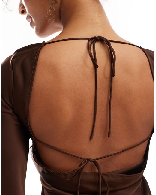 Bershka Tie Back Satin Mini Dress in Brown | Lyst