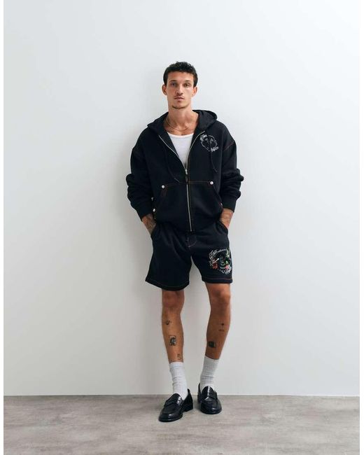True Religion Blue Buddha Face Back Print Graphic Boxy Fit Zip Up Hoodie Co-ord for men