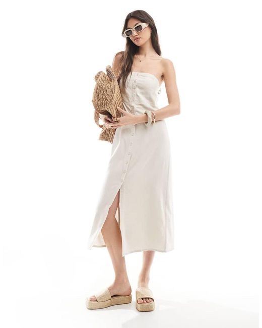 Vestido Midi Con Escote Palabra De Honor De Mezcla De Lino De -Neutro ONLY de color White