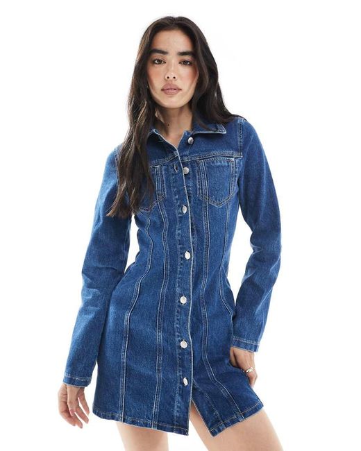 ASOS Blue Denim Mini Shirt Dress With Seam And Pocket Detail