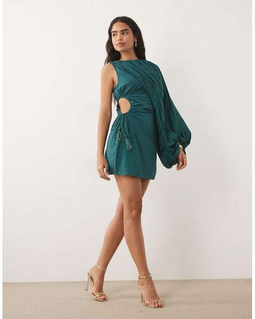 ASOS Green One Shoulder Blouson Mini Dress With Cut Out Waist