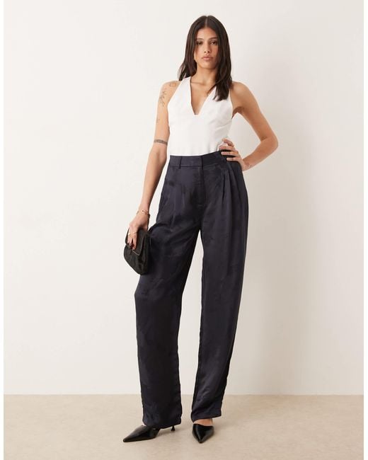 ASOS Blue Asos Design Tall Tailored High Waist Straight Leg Satin Jacquard Trousers