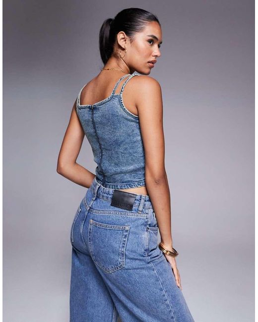 Liquor N Poker Blue Stitch Detail Denim Crop Top