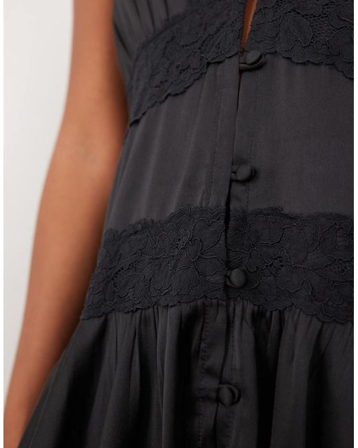 Miss Selfridge Black Satin Lace Insert Hanky Hem Mini Dress