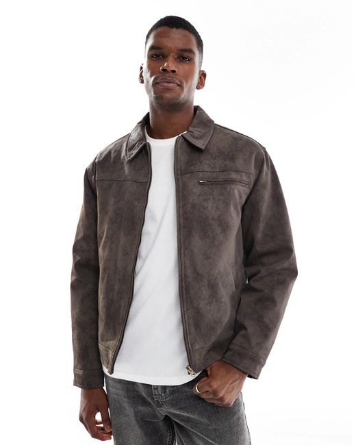 Cotton On – dunkele harrington-jacke aus wildlederimitat im cropped-design in Gray für Herren