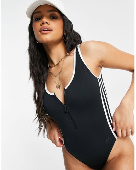 procent ål lag adidas Originals Adicolor Three Stripe Zip Up Swimsuit in Black | Lyst