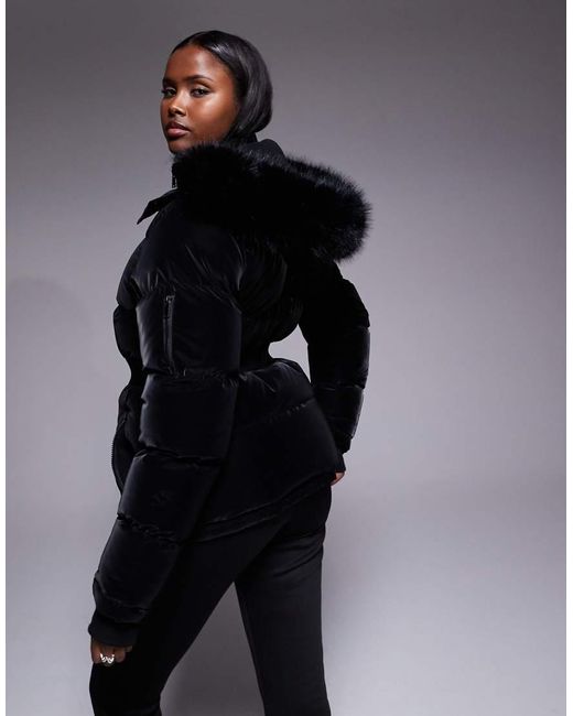 Threadbare Glanzend Gewatteerd Ski-Jack Met Kraag Van Imitatiebont in het Black