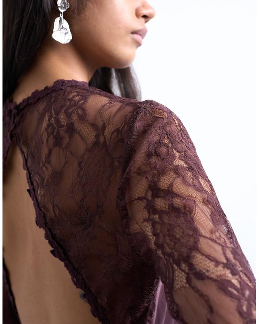 Robe courte à ourlet volanté et manches en dentelle - bordeaux TOPSHOP en coloris Purple