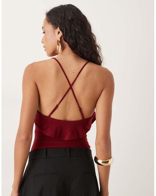 ASOS Red Frill Detail Plunge Halterneck Bodysuit