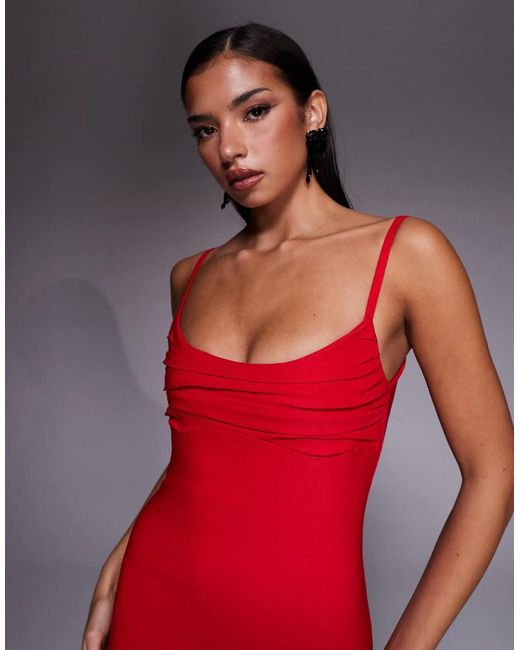 Vesper Red Bengaline Cami Strappy Ruched Bust Midaxi Dress