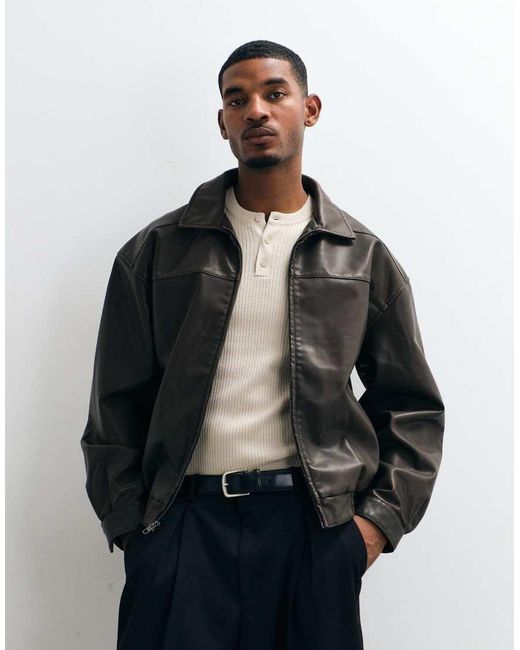 Hollister Black Oversized Faux Leather Bomber Jacket for men