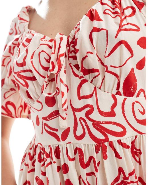 Wednesday's Girl Red Ditsy Print Milkmaid Puff Sleeve Midi Dress
