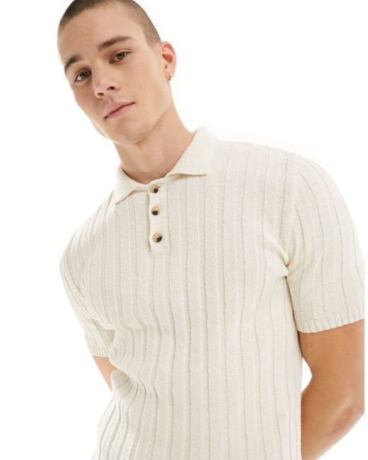 ASOS Natural Muscle Fit Knitted Textured Rib Polo for men