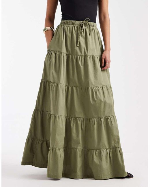 Threadbare Green Poplin Tiered Maxi Skirt