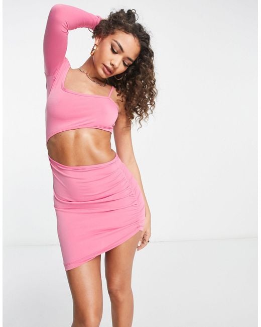 Rebellious Fashion Slinky One Shoulder Mini Dress With Ruched Side And Tie  Shoulder in Pink