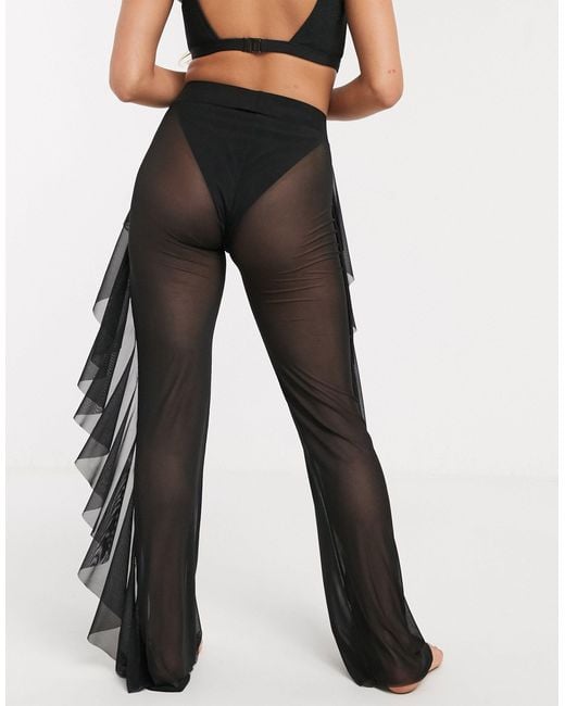 ASOS Jersey Sheer Mesh Frill Beach Pant in Black | Lyst UK