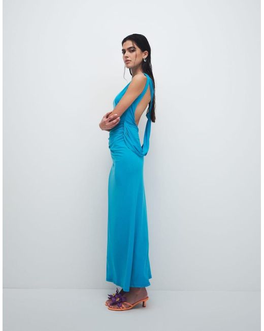 ASOS Blue Slinky Maxi Dress With Drape Knot Back Detail
