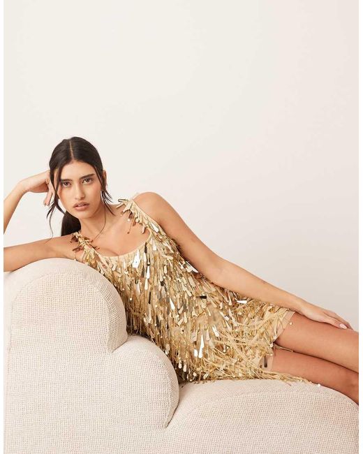 ARRANGE Natural Embellished Fringe Hem Scoop Neck Mini Dress With