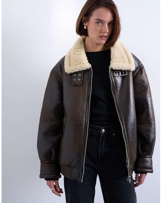 TOPSHOP White Oversized Tab Detail Shearling Bomber Jacket
